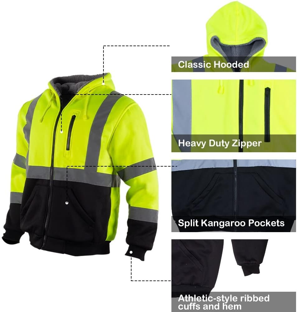VENDACE Men's ANSI Class 3 High Vis Safety Reflective Sweatshirt Wool Fleece Zipper Jacket Hoodie with Black Bottom(Yellow,XL) - Image 5