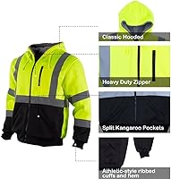 Vista 5 de VENDACE Sudadera con capucha para hombre ANSI Clase 3 de alta visibilidad, de lana y forro polar, con cremallera y parte inferior negra