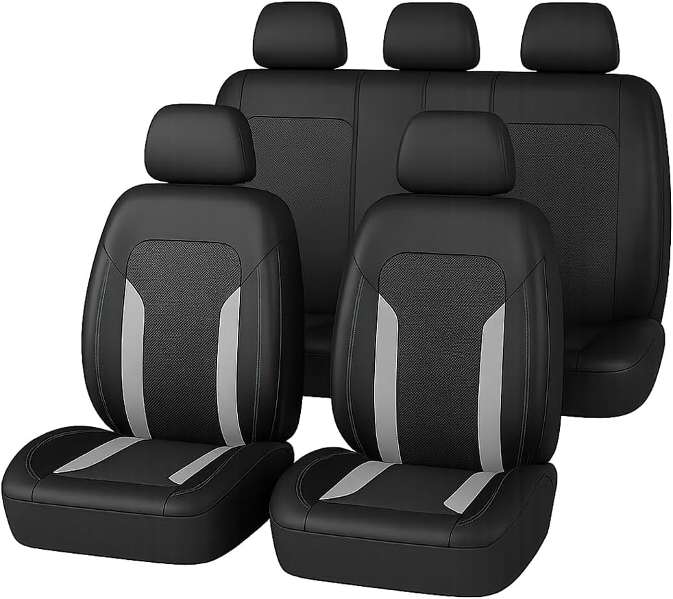 Car Seat Cover Full Set, Breathable Split Anti-Slip Vehicle Front Rear Seat Protector with Removable Headrest Guard, Automotive Interior Chair Protective Covers, Universal Fit (Gray)
