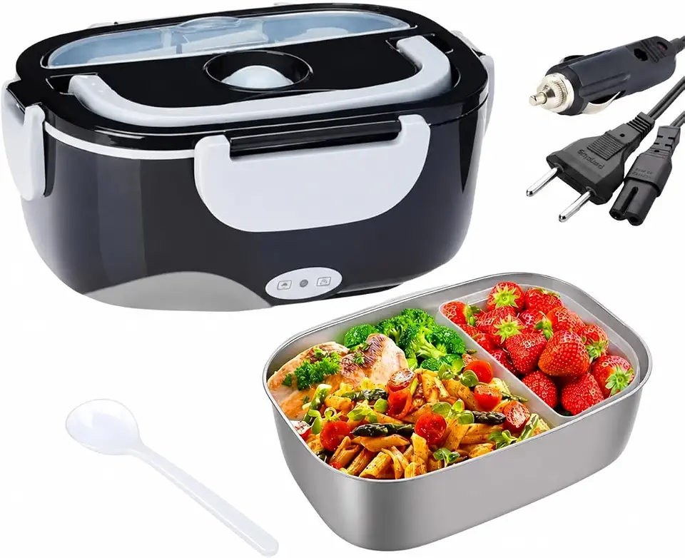 Marmita Elétrica Bivolt com Recipiente em Aço Inox, 12V, 24V, 110V, 220V, para Casa e Automóvel, Inclui 2 Cabos e Colher