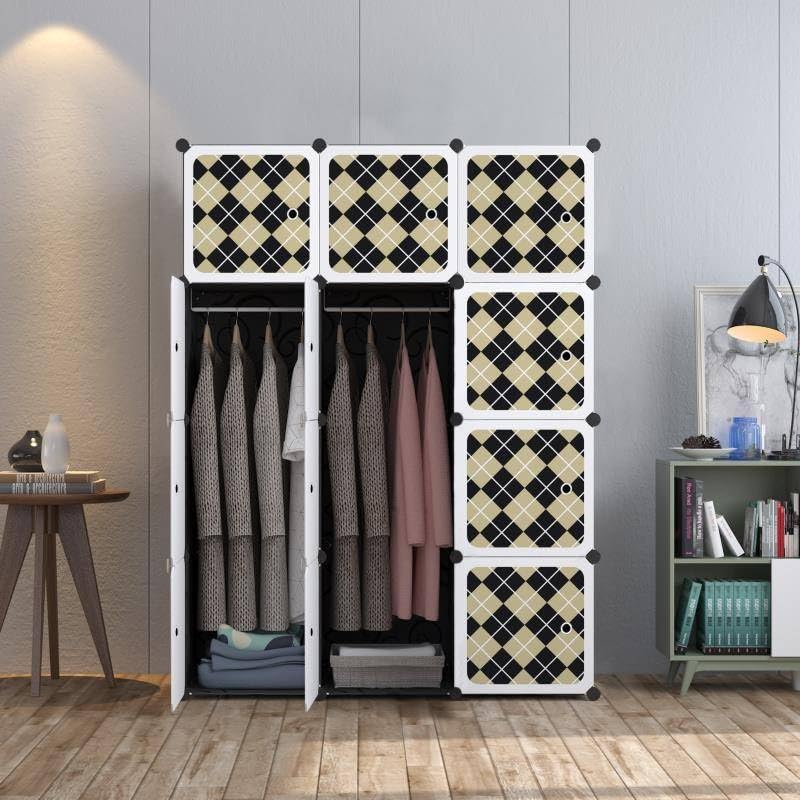 Image of AYSIS Almirah for Clothes, Plastic Soft Sheet Collapsible Wardrobe for Kids Toys /Books, Baby Cupboard for Storage in Bedroom Nursery, Cartoon (Black, 12-Shelf-12-Door)