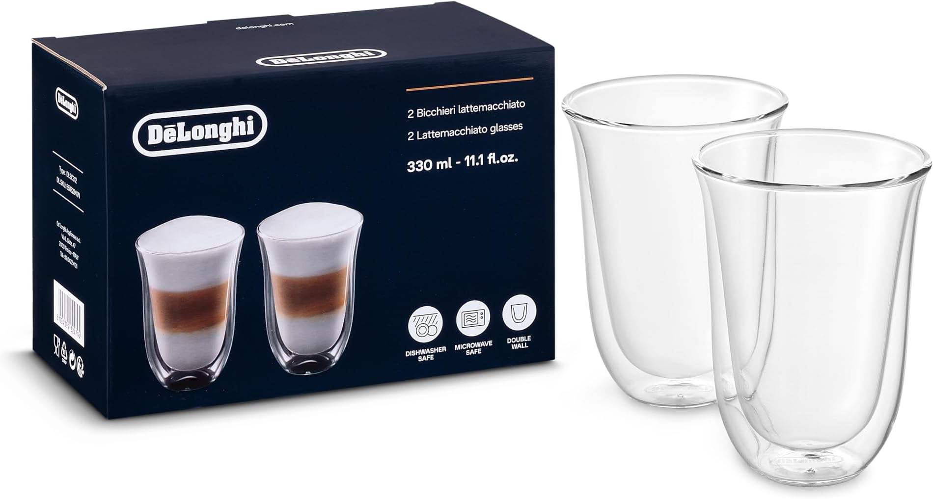 Delonghi DLSC312 Latte Macchiato Thermo Glasses, 5513284171 Transparent, 2 Glasses per Pack