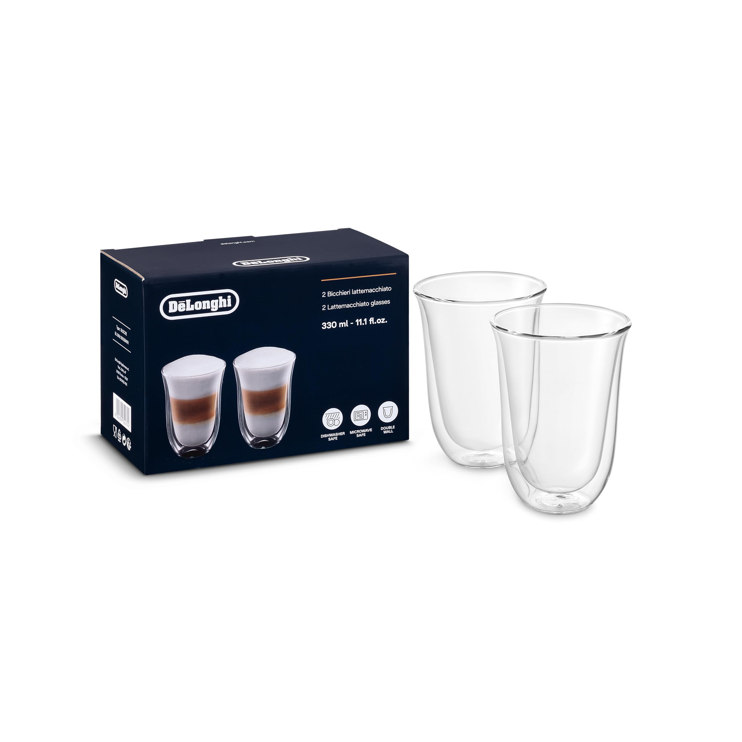 De'LonghiBicchieri Latte macchiato Double Walled Thermo Latte Glasses, Clear, Set Of 2 330ml, 5513284171