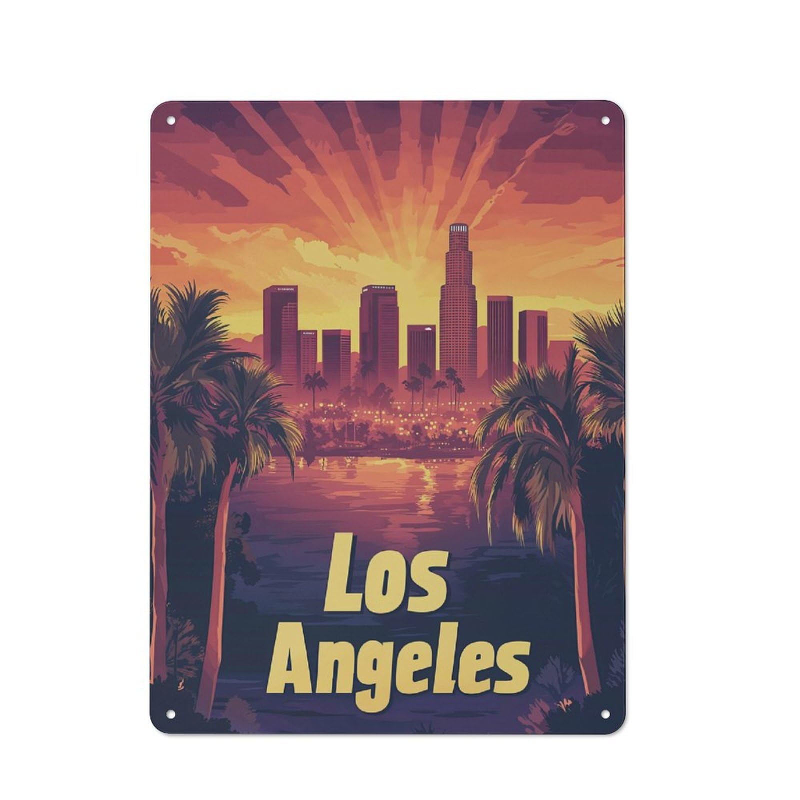 Junmoney Los Angeles Skyline Sunset Warehouse Style Decorative Metal Plaque 40X30cm, Industrial Wall Decor For Loft, Studio, Office Or Creative Room