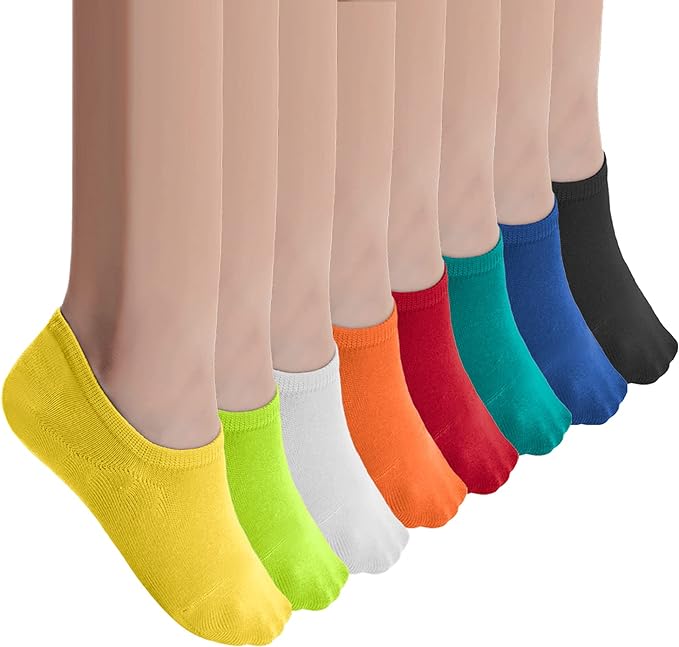 Whisper Deer No Show Liner Socks Women - 8 Pair Colorful Non-Slip Low-Cut Socks A set of colorful Whisper Deer No Show Liner Socks for women displayed on feet, featuring eight pairs in yellow, green, white, orange, red, teal, blue, and black.