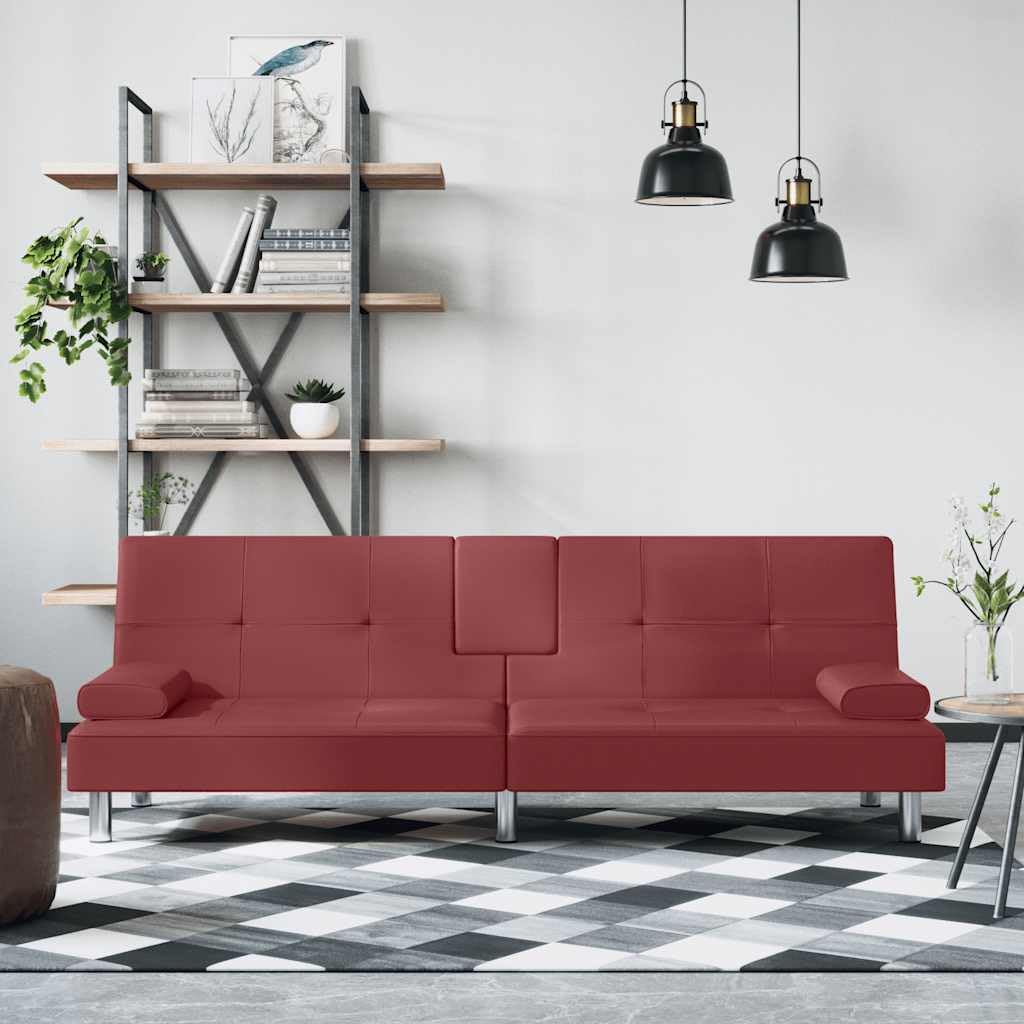 Sofa z funkcją spania z uchwytami na napoje w kolorze czerwonego wina z wytrzymałej sztucznej skóry, regulowane oparcie, wygodne siedzisko, złącze USB, stabilna rama, idealna do salonu i