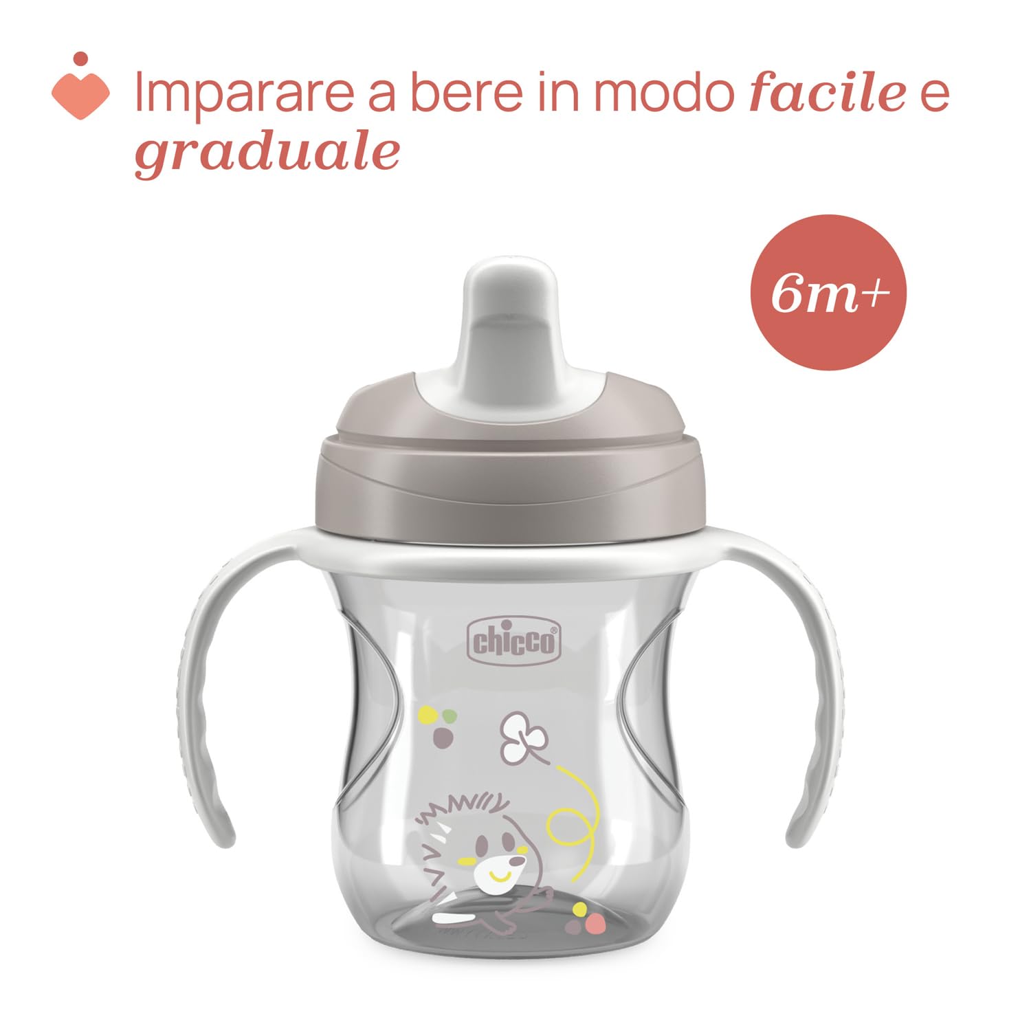 Chicco Training Cup, in Plastica Un Bicchiere Antigoccia Bambini, Una Tazza per Imparare a Bere, Beccuccio Ergonomico Semi-Soft, Valvola e Manici Rimovibili, 6 Mesi+, Senza BPA, Grigio
