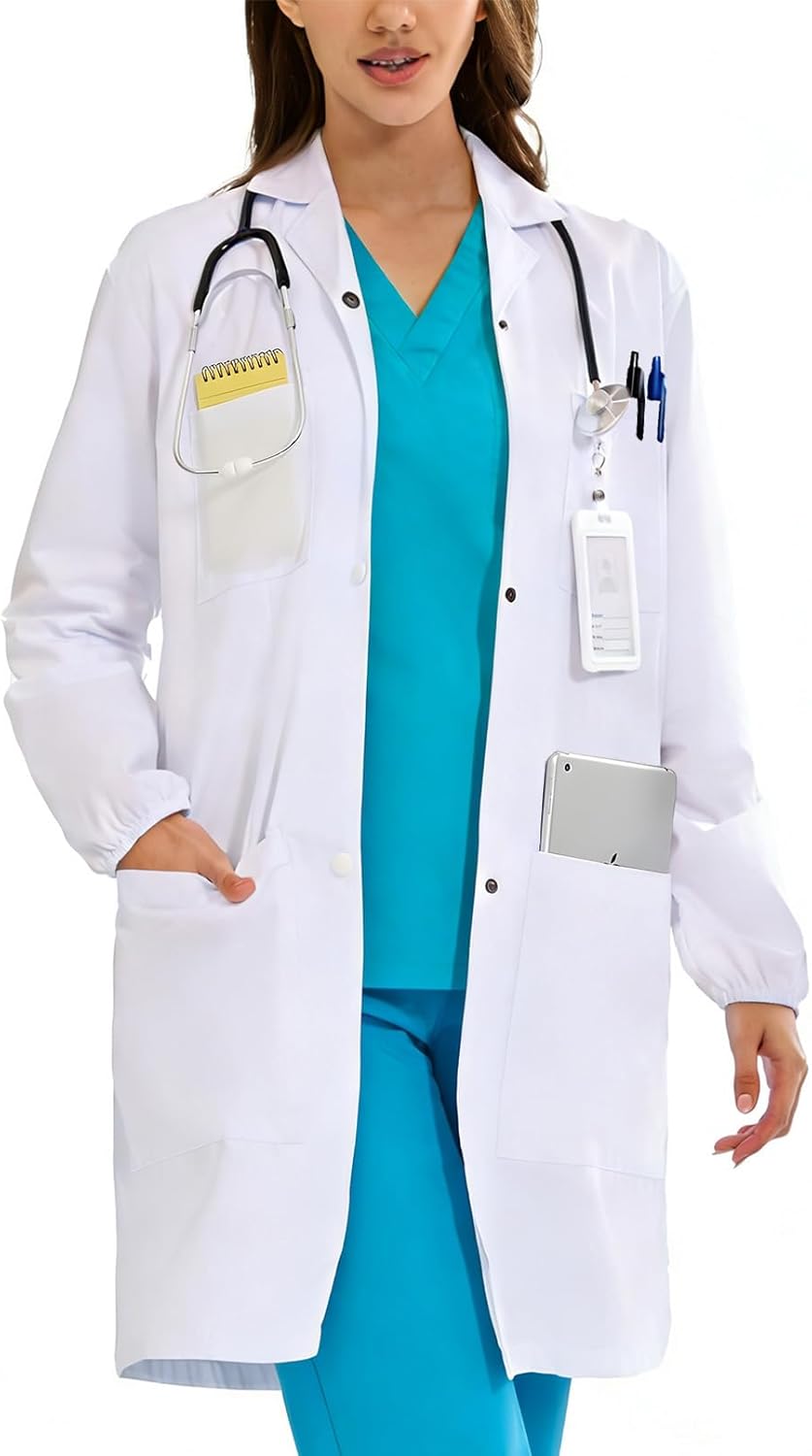 Women's Lab Coats Snap Closure 4 Pockets Elastic Cuffs Professional Medicas Long Sleeve Labcoats Scientist College