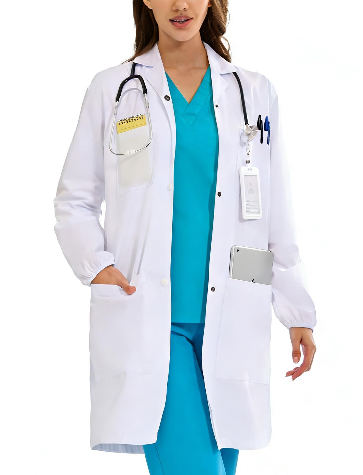 Women's Lab Coats Snap Closure 4 Pockets Elastic Cuffs Professional Medicas Long Sleeve Labcoats Scientist College