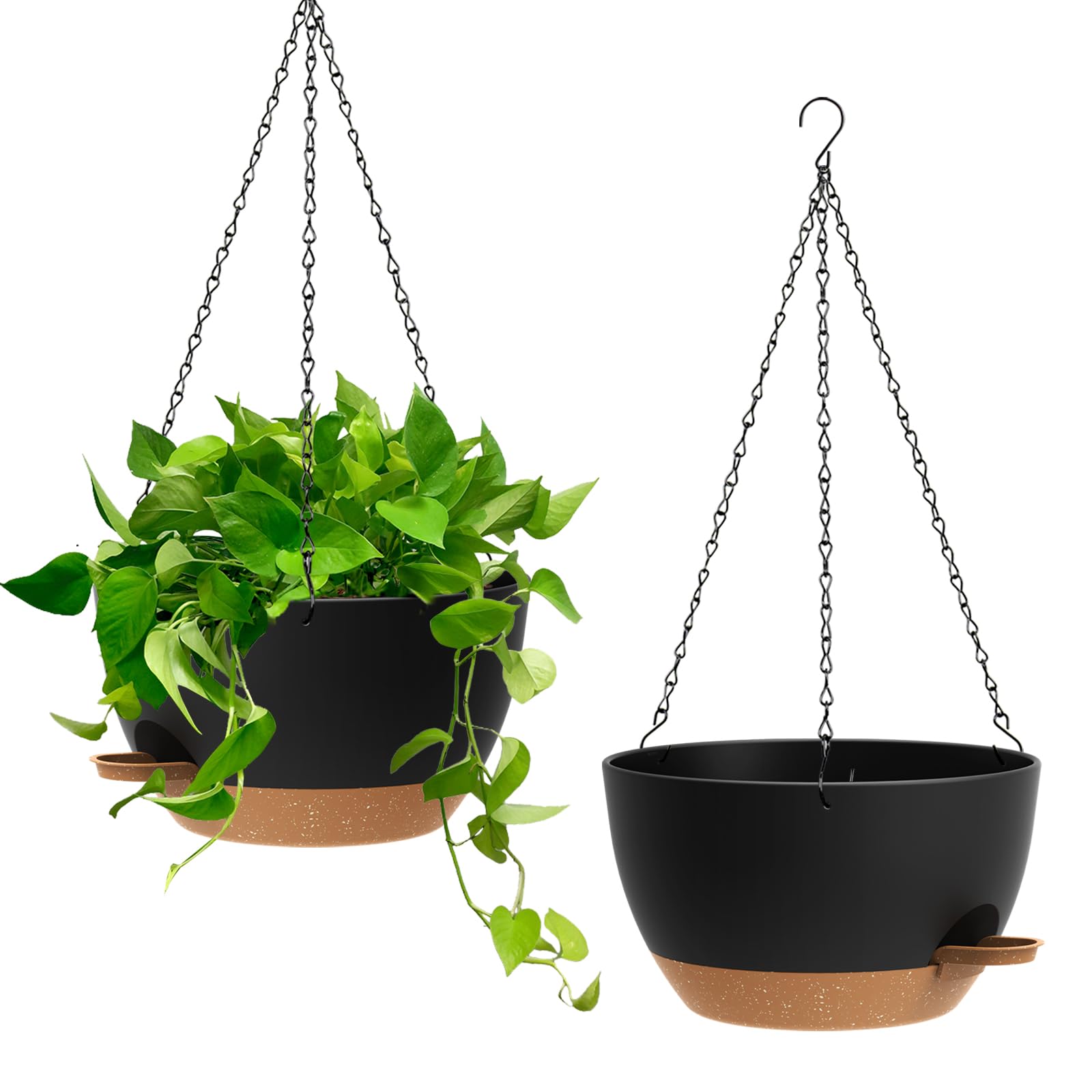 Homeuouz Juego de 2 maceteros colgantes autoregantes de 25 cm – Maceta colgante para interior y exterior, macetas colgantes con drenaje para balcón, salón, cocina, color negro con marrón