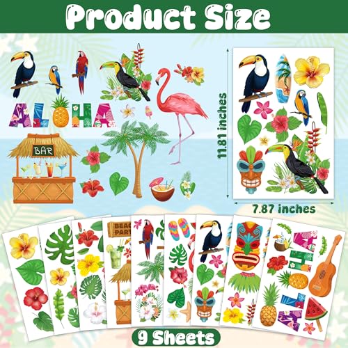 Image of 103 PCS Hawaiian Window Clings, 9 Sheets Tropical Hawaiian Party Decorations, Double-Sided Summer Window Clings with Tiki Masks Hibiscus Lei Patterns, Aloha Party Decorations for Home Office