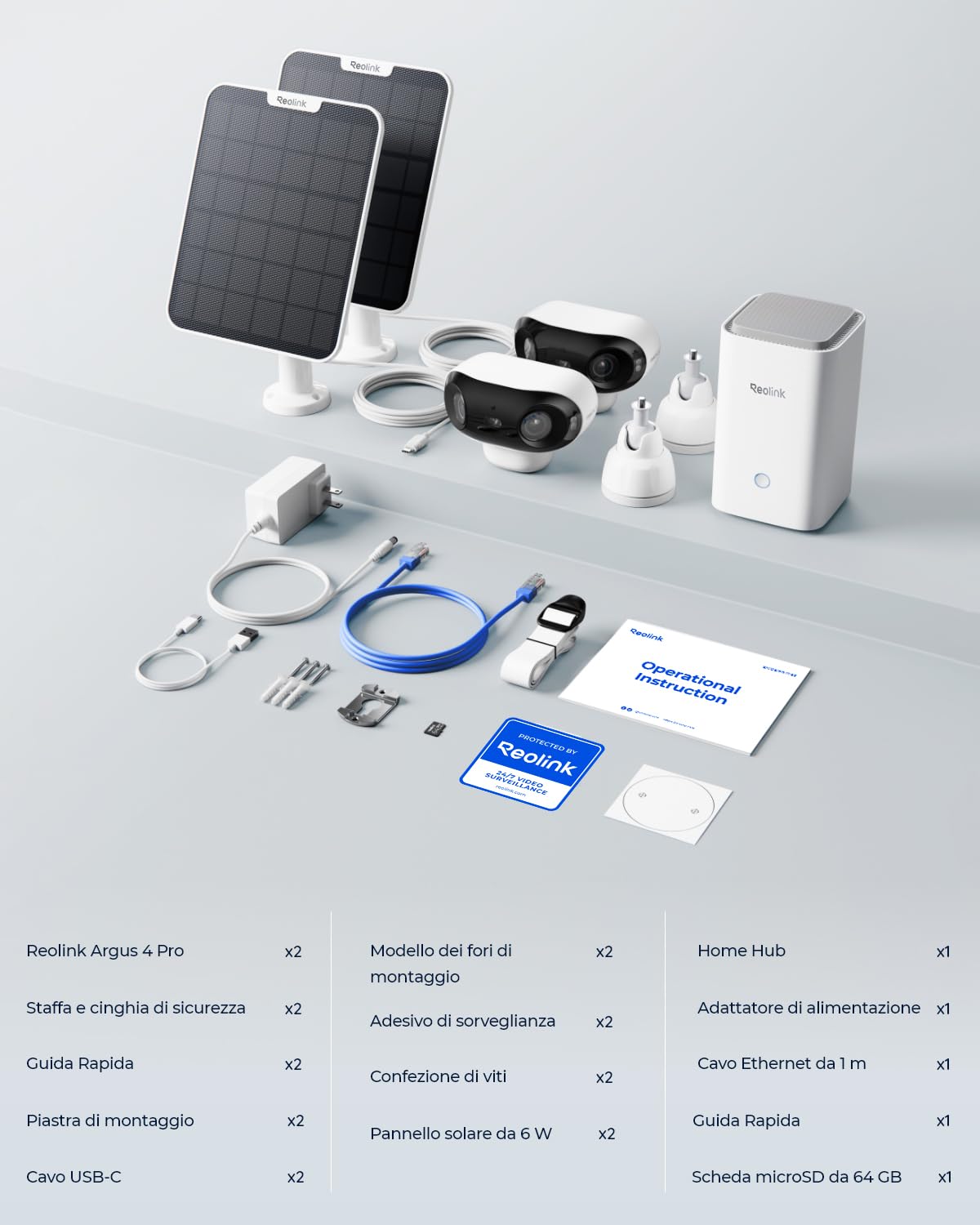 Reolink 4K Telecamera Wi-Fi Esterno Senza Fili kit, Home Hub, 2 telecamere Argus 4 Pro con Pannello Solare, Visione Notturna ColorX, Visione a 180°, Wi-Fi 6, Registrazione Locale, Nessun Costo Mensile