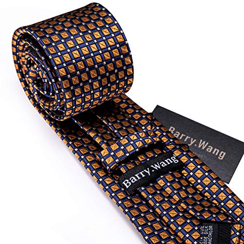 Image of Barry.Wang Plaid Ties for Men Silk Necktie Handkerchief Cuff Links Set