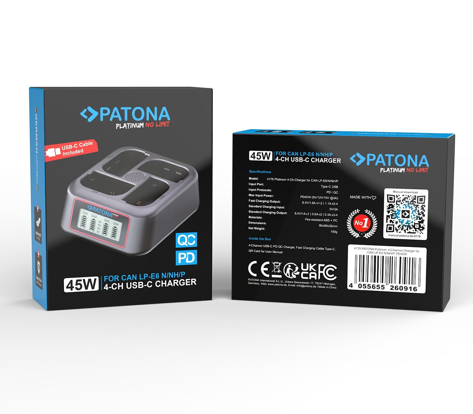 PATONA 4-Fach Caricabatterie 45W USB-C PD/QC per Canon LP-E6P/E6NH/E6N/E6 | Mini caricabatterie da viaggio per XC10 XC15 EOS R R5 R6 R7 5D Mark II III IV 60D 70D 80D 90D, con PATONA 4-Fach Caricabatterie 45W USB-C PD/QC per Canon LP-E6P/E6NH/E6N/E6 | Mini caricabatterie da viaggio per XC10 XC15 EOS R R5 R6 R7 5D Mark II III IV 60D 70D 80D 90D, con