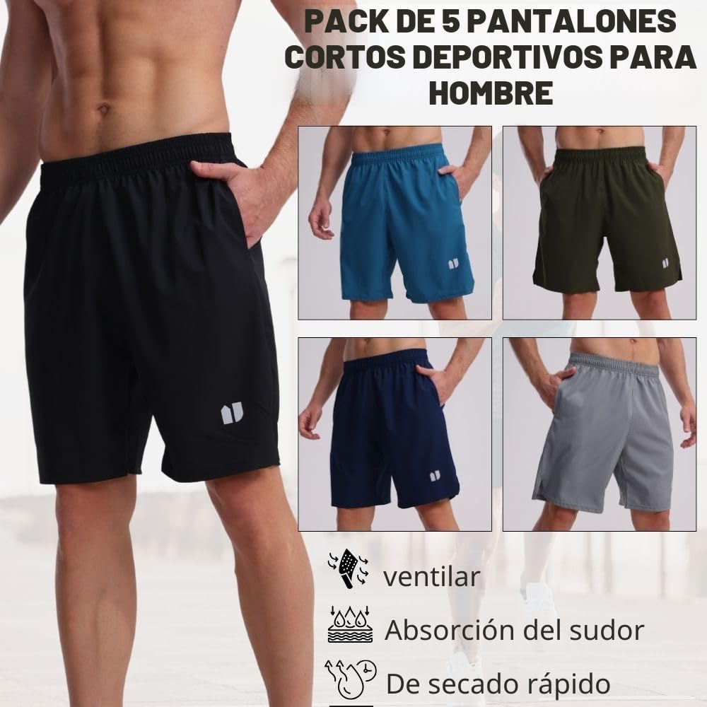 Paquete de 5 pantalones cortos de correr para hombre, de secado rápido, pantalones cortos deportivos con bolsillos y cintura elástica