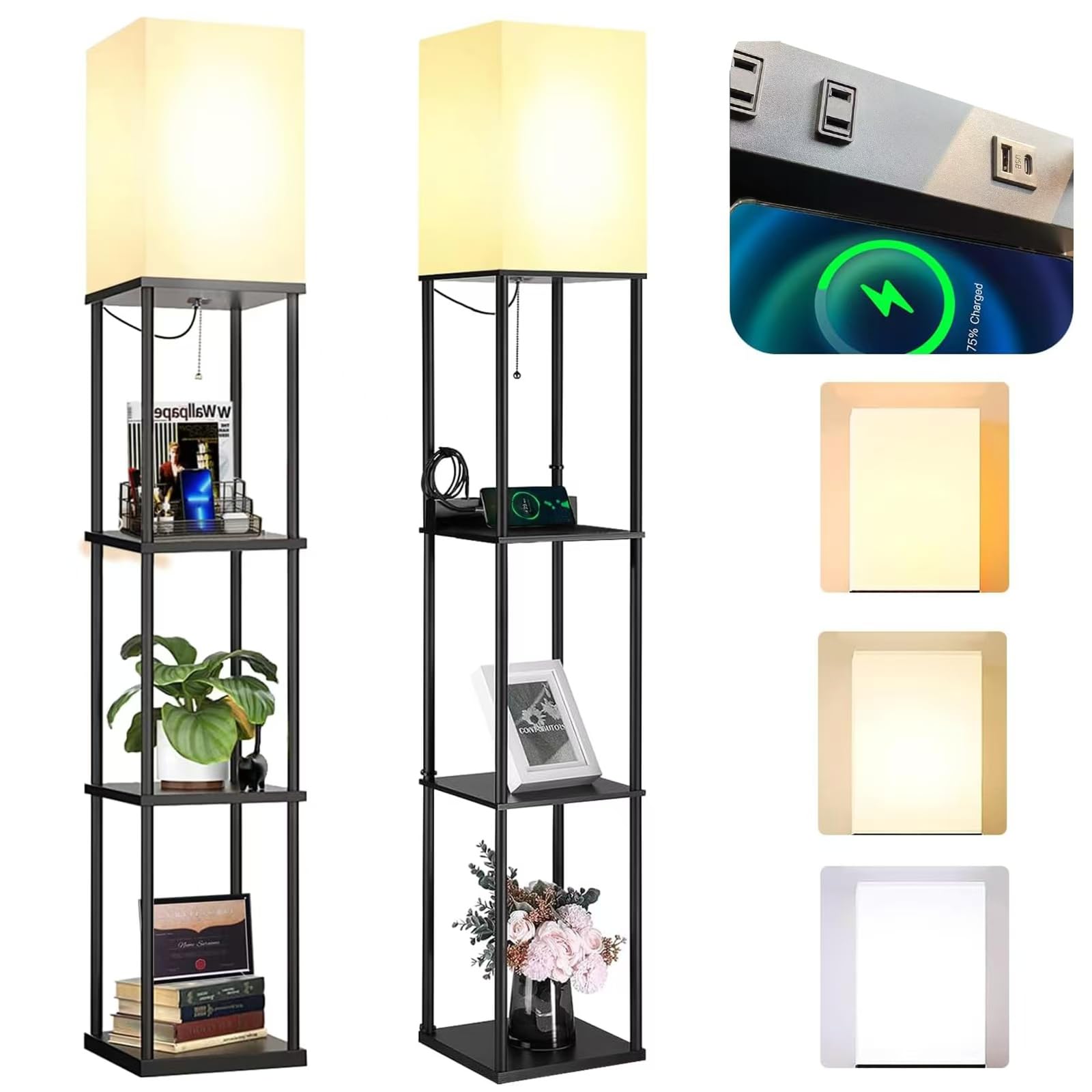 Confezione da 2 lampade da terra con ripiani tra cui 2 prese AC e 2 porte USB, lampadina LED da 9 W, 3 temperatura di colore morbido/freddo/luce diurna bianca w. 1 adattatore da 2 poli a 3 poli per