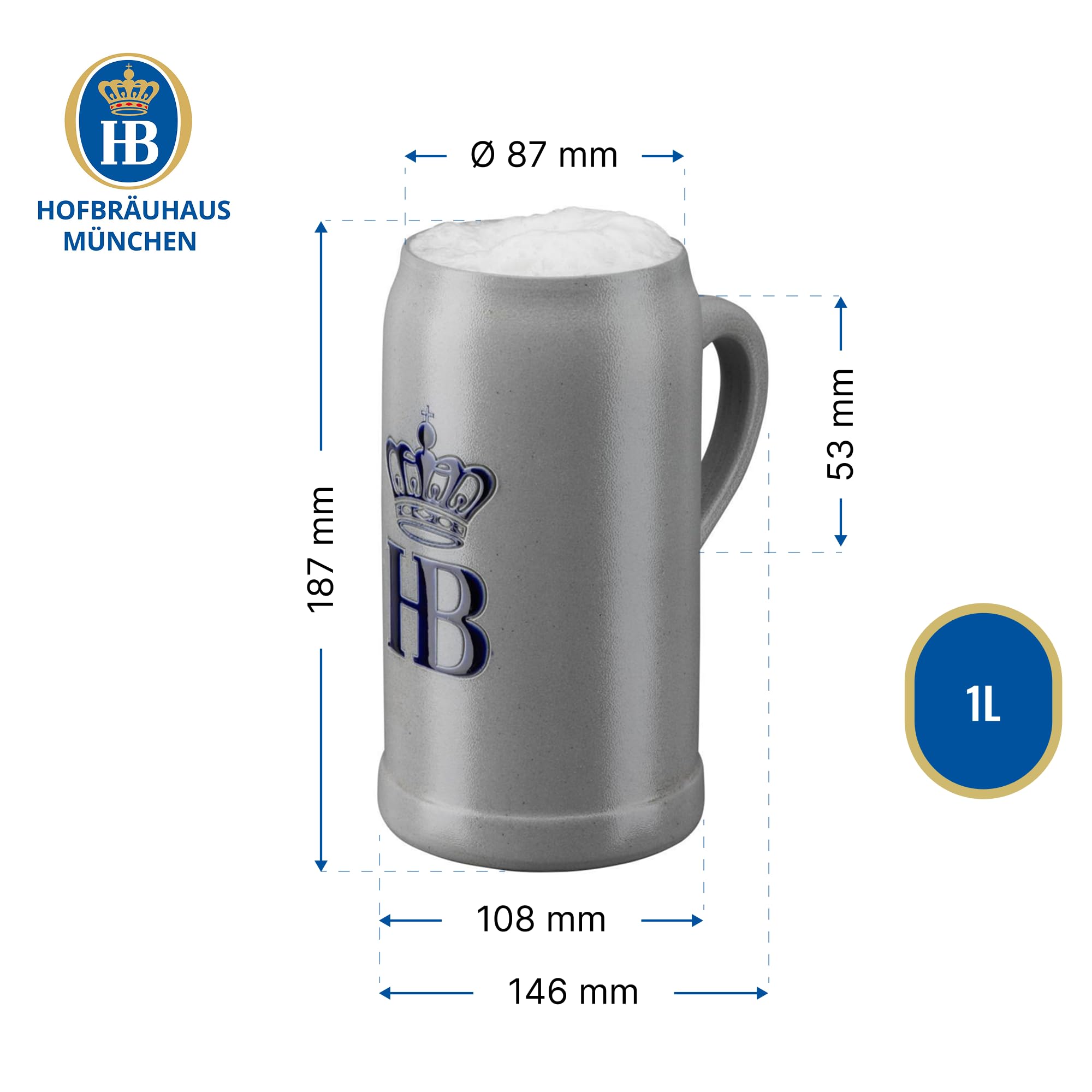 Hofbräuhaus München Boccale da birra con logo HB, 1 l, 1000067 (1 l, HB con coperchio in stagno)