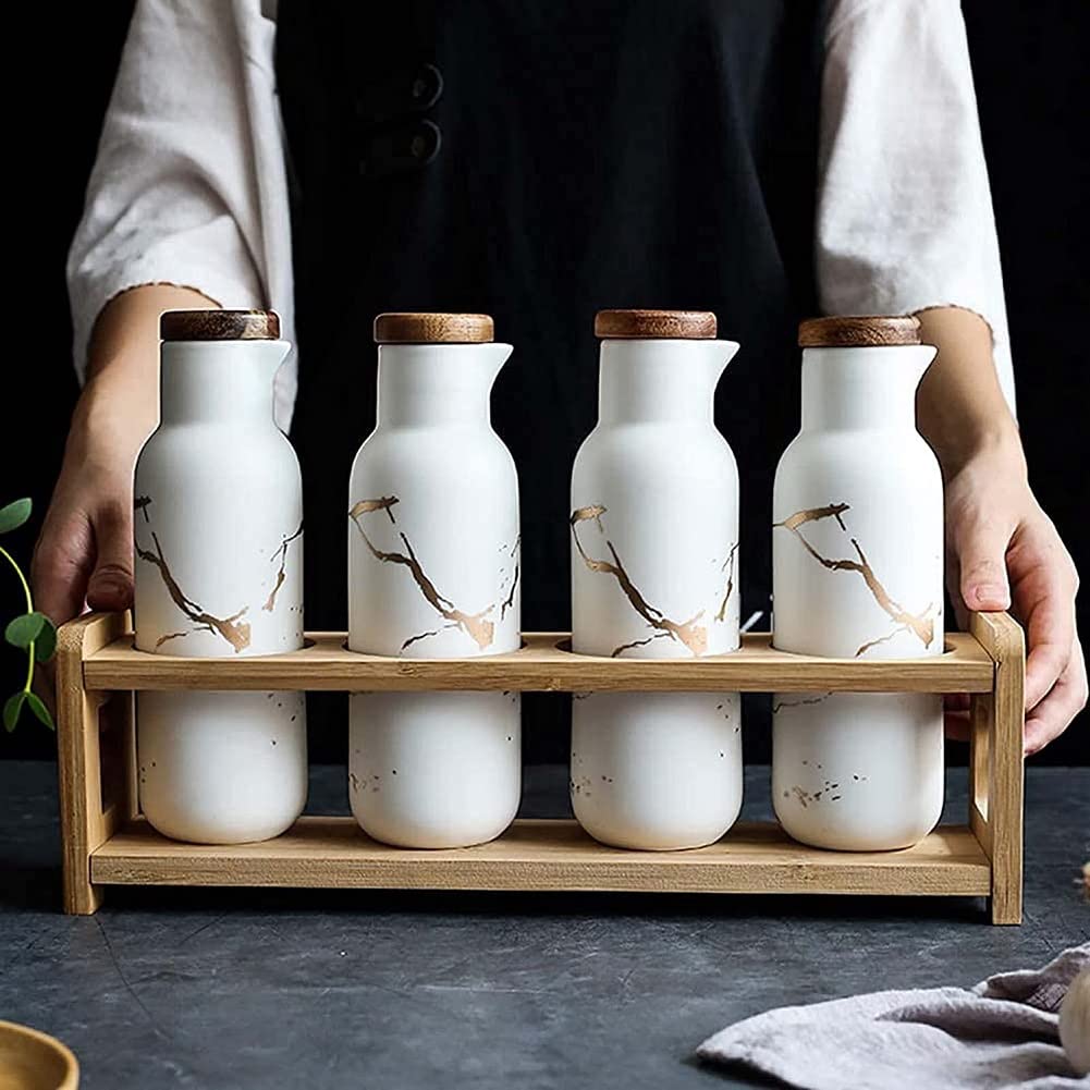 VollfitYYu Dispenser di olio in ceramica, effetto marmo, set da 2 pezzi, 380 ml, per olio d'oliva, per cucina, ristorante, barbecue (verde
