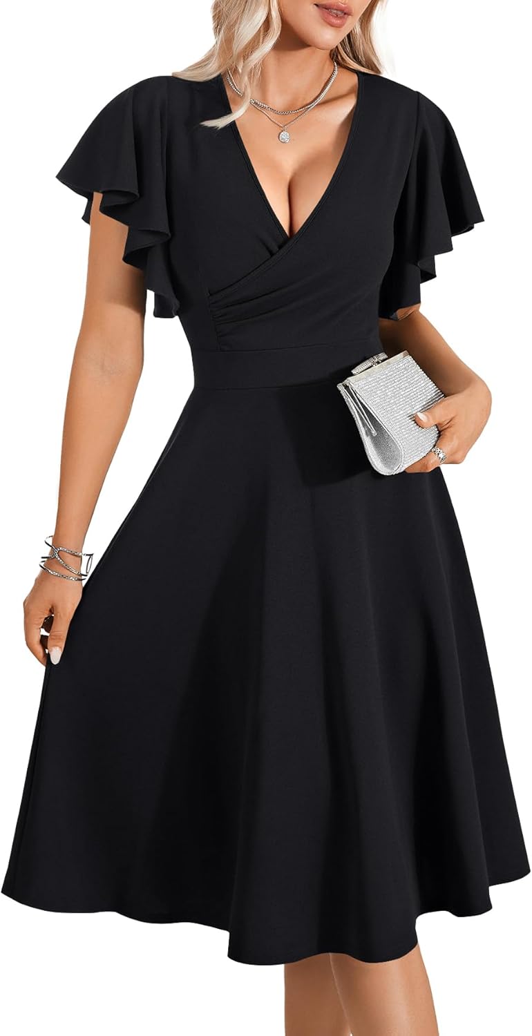 LYANER Women's Warp V Neck Ruffle Short Sleeve A Line Swing Flared Cocktail Party Midi Dress - Image 3
