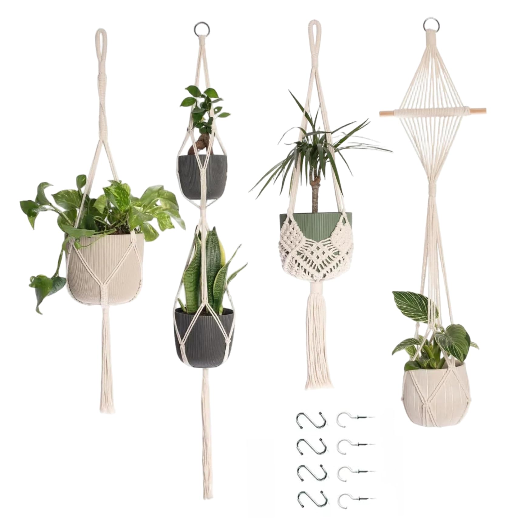 Suspension plante macramé : lot de 4 supports en corde de coton à 3 tailles avec crochets