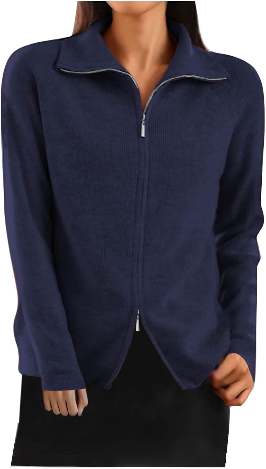 Casual Cardigan Sweaters for Women Loose Fit Petite Long Sleeve Lapel Collar Full Zipper Knit Cardigans Jacket Coat