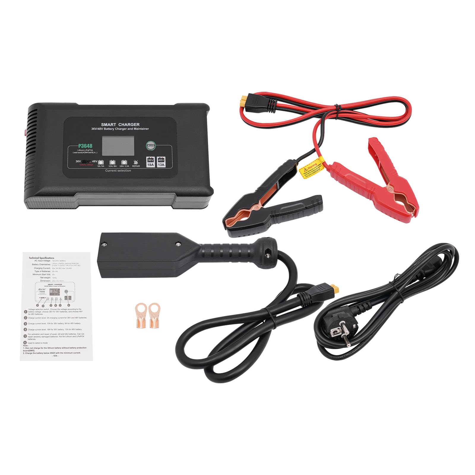 Cargador de coche de 36 V, 23 x 12,5 x 7 cm, cargador de batería inteligente rápido, para cargar baterías de litio, LiFePO4 y plomo-ácido