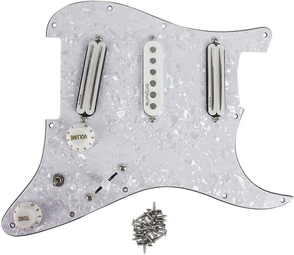 OriPure 11 Hole Loaded Strat Pickguard with Alnico 5 Single Coil Pickup Dual Rail Humbucker Set for Fender American/Mexican Stratocaster Standard Modern Style, 4Ply White Pearl