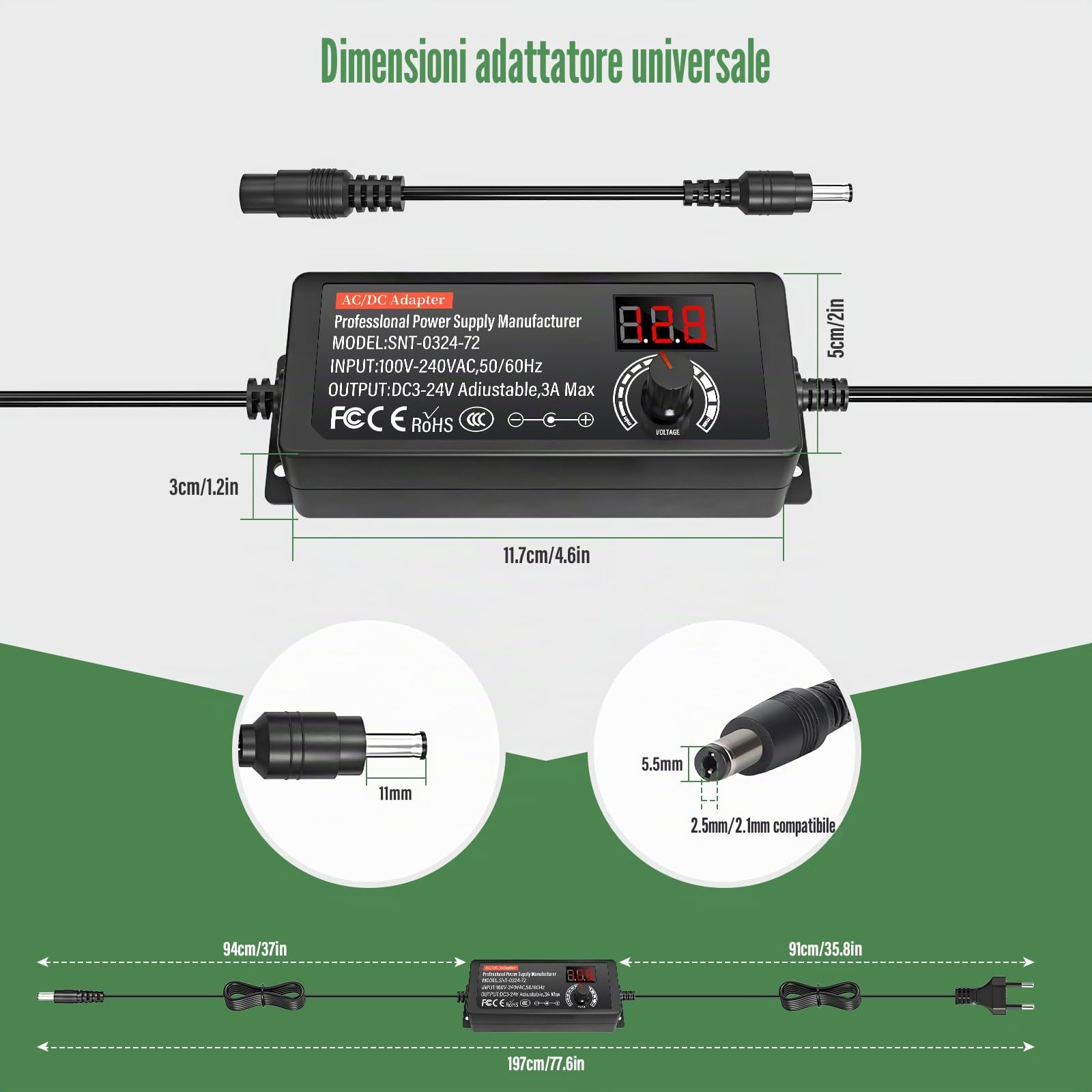 24 V Alimentatore Universale 72 W AC/DC Adattatore di Alimentazione Regolabile con 14 punte DC e Cavo di polarità inversa Caricabatterie universale per elettronica, 3000 mA Max.