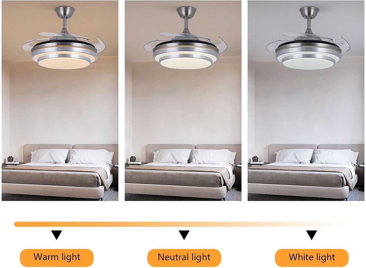 42 Inch Retractable Ceiling Fan with Light - Modern Invisible Blades & Dimmable LED Chandelier, Remote Control with Timer,3-Color Lighting, 6-Speed Quiet Motor for Bedroom & Living Room (Silver)