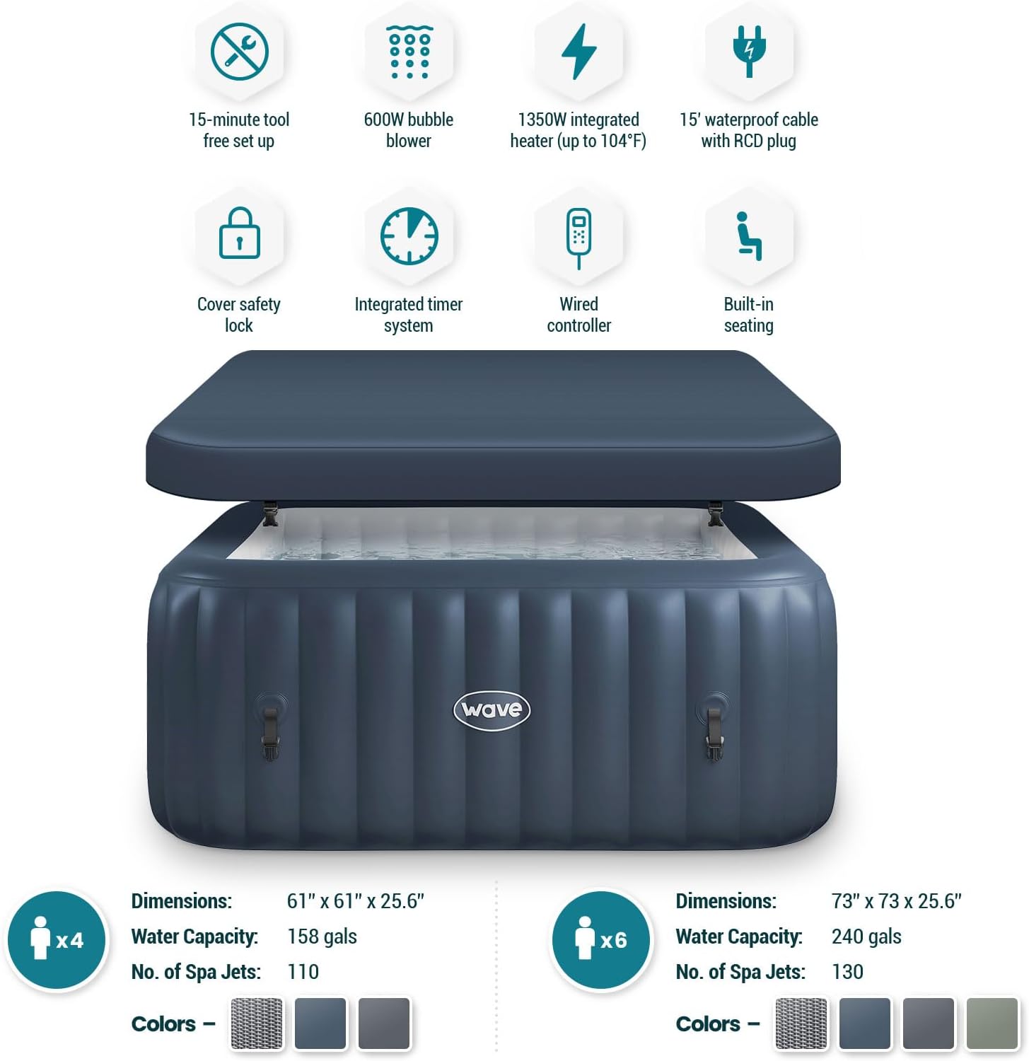 Diagram showing dimensions for 4-person and 6-person hot tubs, and key features like 15-minute tool-free setup, 600W bubble blower, 1350W integrated heater, waterproof cable, cover safety lock, integrated timer, wired controller, and built-in seating.
