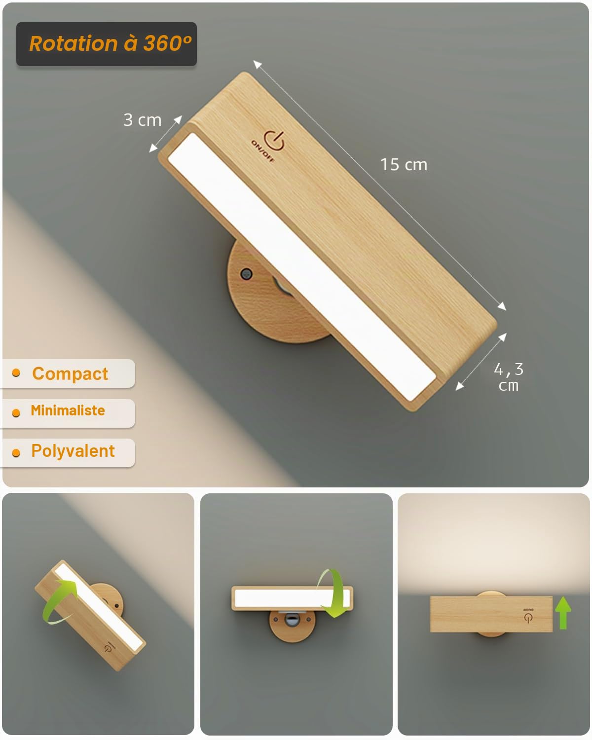 DetarZinLED Lot de 2 Applique Murale Intérieure Bois, Lampe Murale Sans Fil Rechargeable USB, Réglage de Luminosité, Lampe de Chevet Tactile