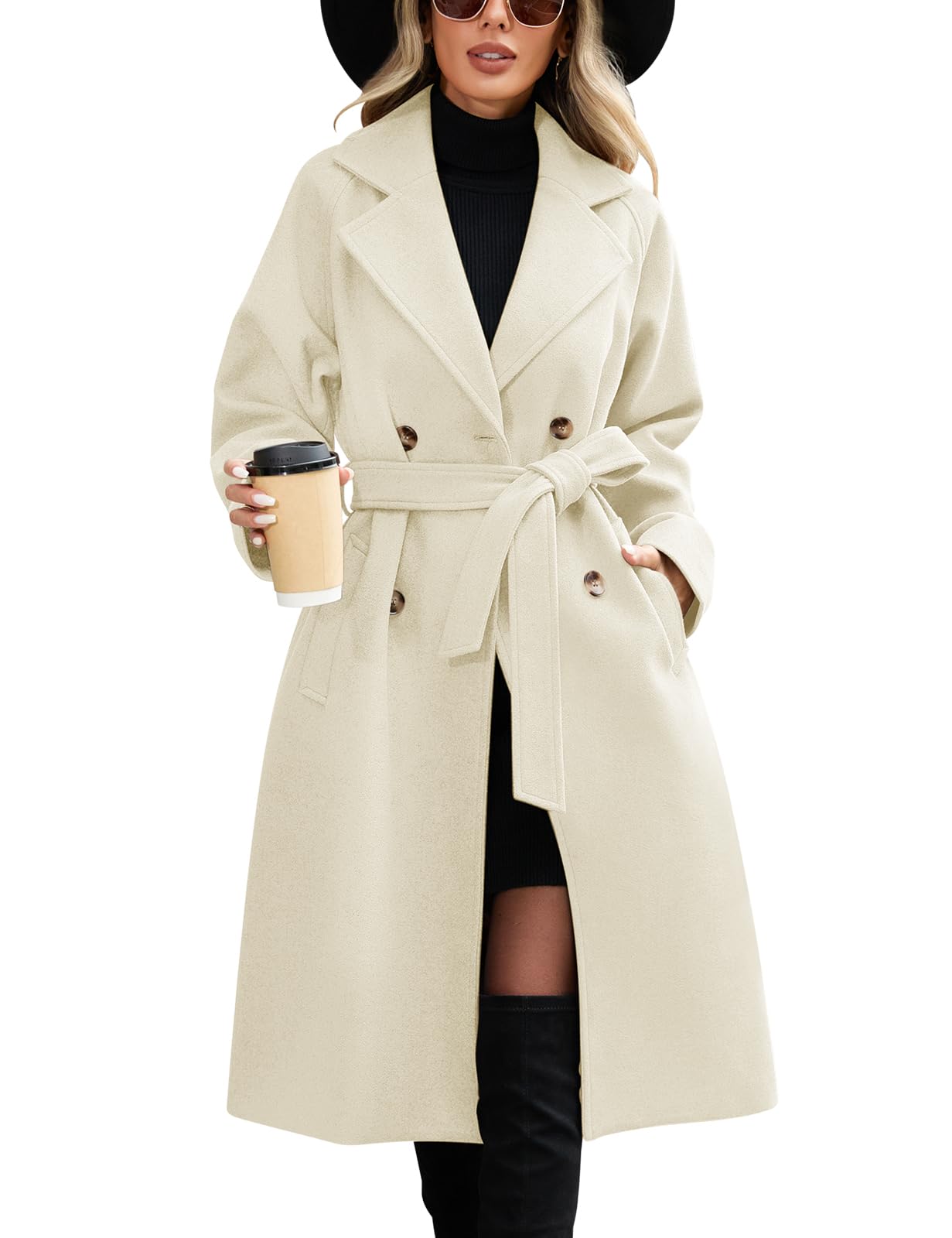 Womens Mid-length Autumn and Winter Long Trench Coat With Belt Elegant Double Breasted Pea Coat