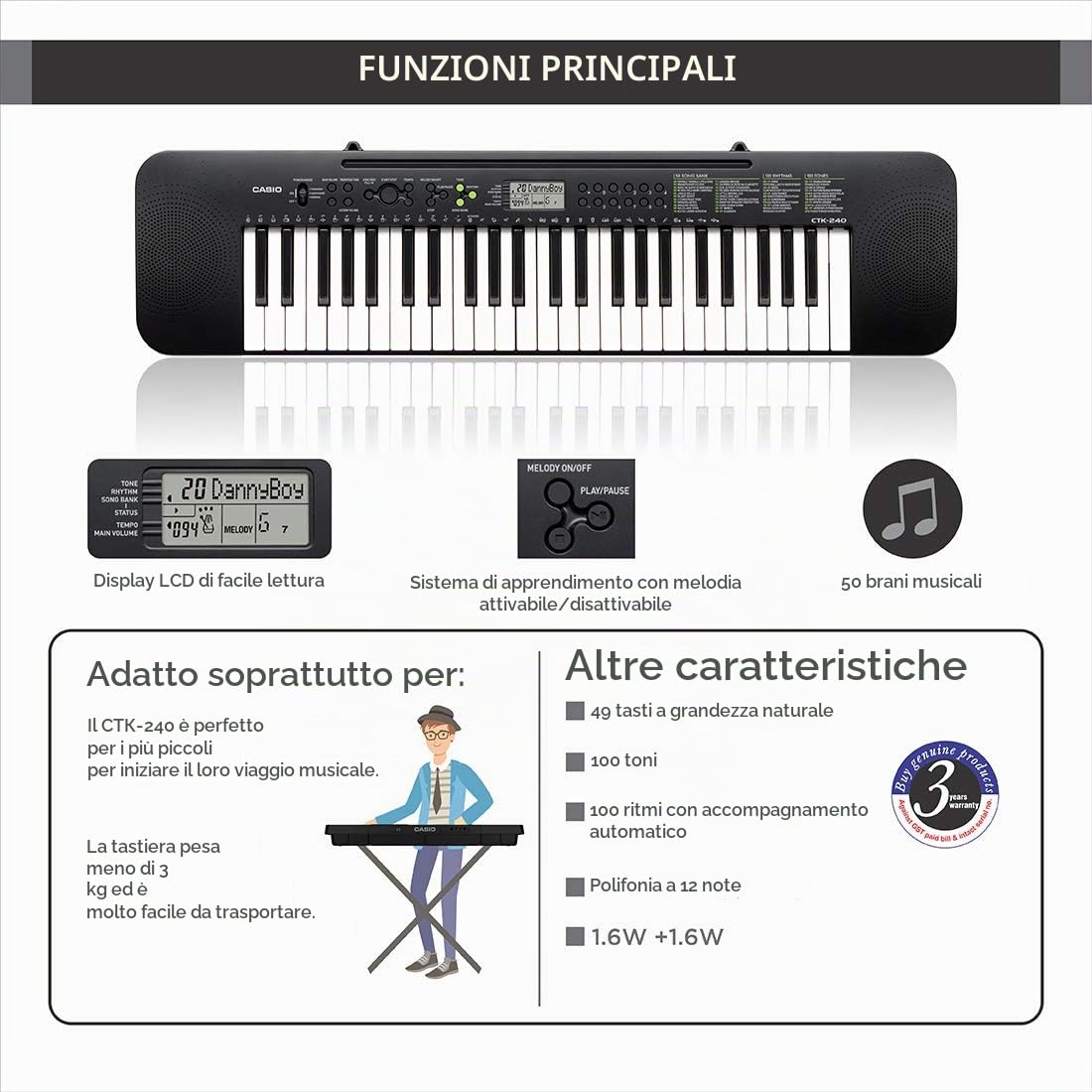 Casio CTK-240 - Tastiera Pianoforte Digitale a 49 Tasti, 100 Timbri, 100 ritmi e 50 Brani, Nero, 91.4 a— 23.7 a— 7.5 cm & AD-E95100LG AC Adaptor - Trasformatore Alimentatore per tastiera digitale