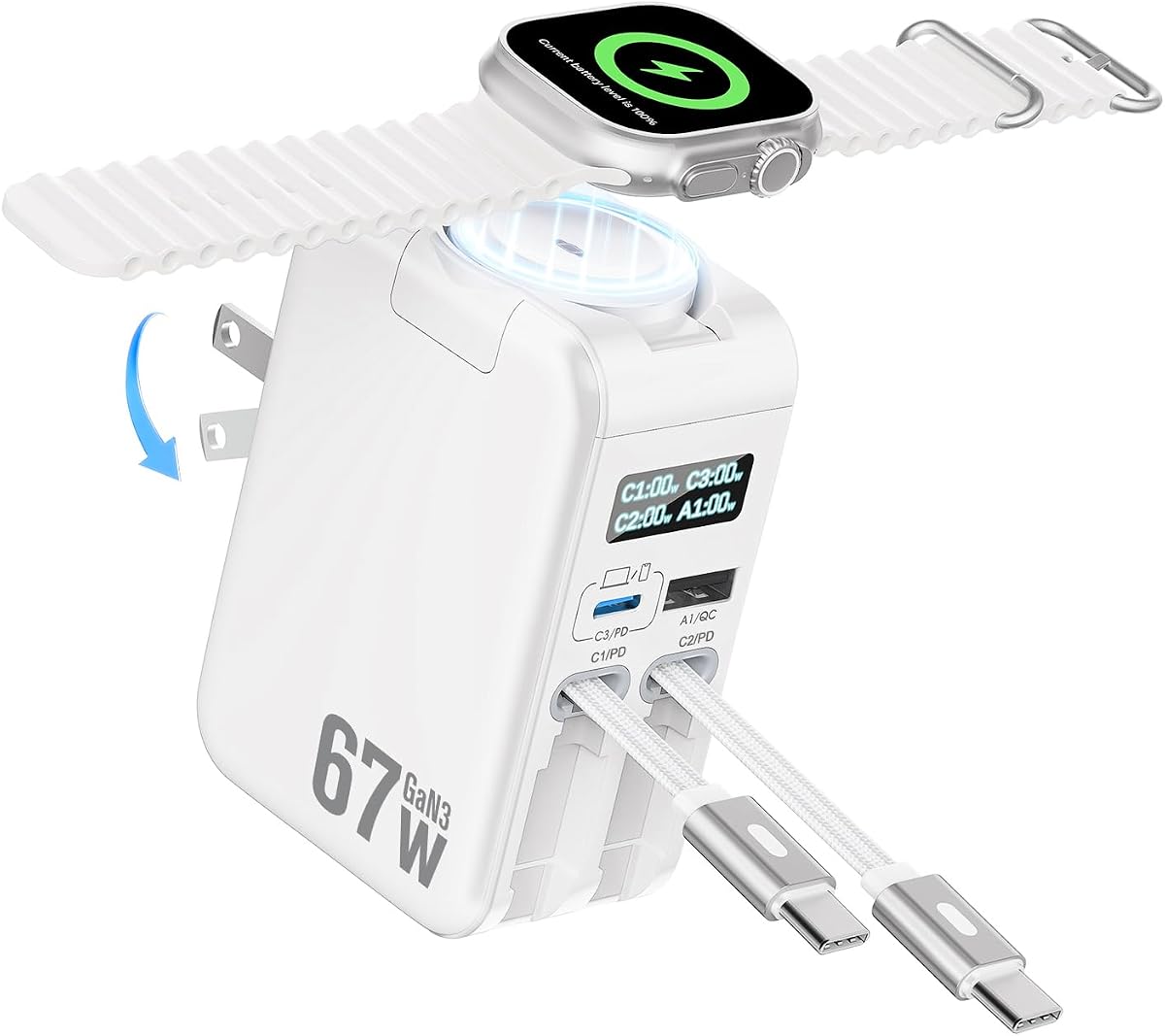 67W Retractable Phone Charger Wall Plug for Apple Watch iPhone 17 16 15 14
