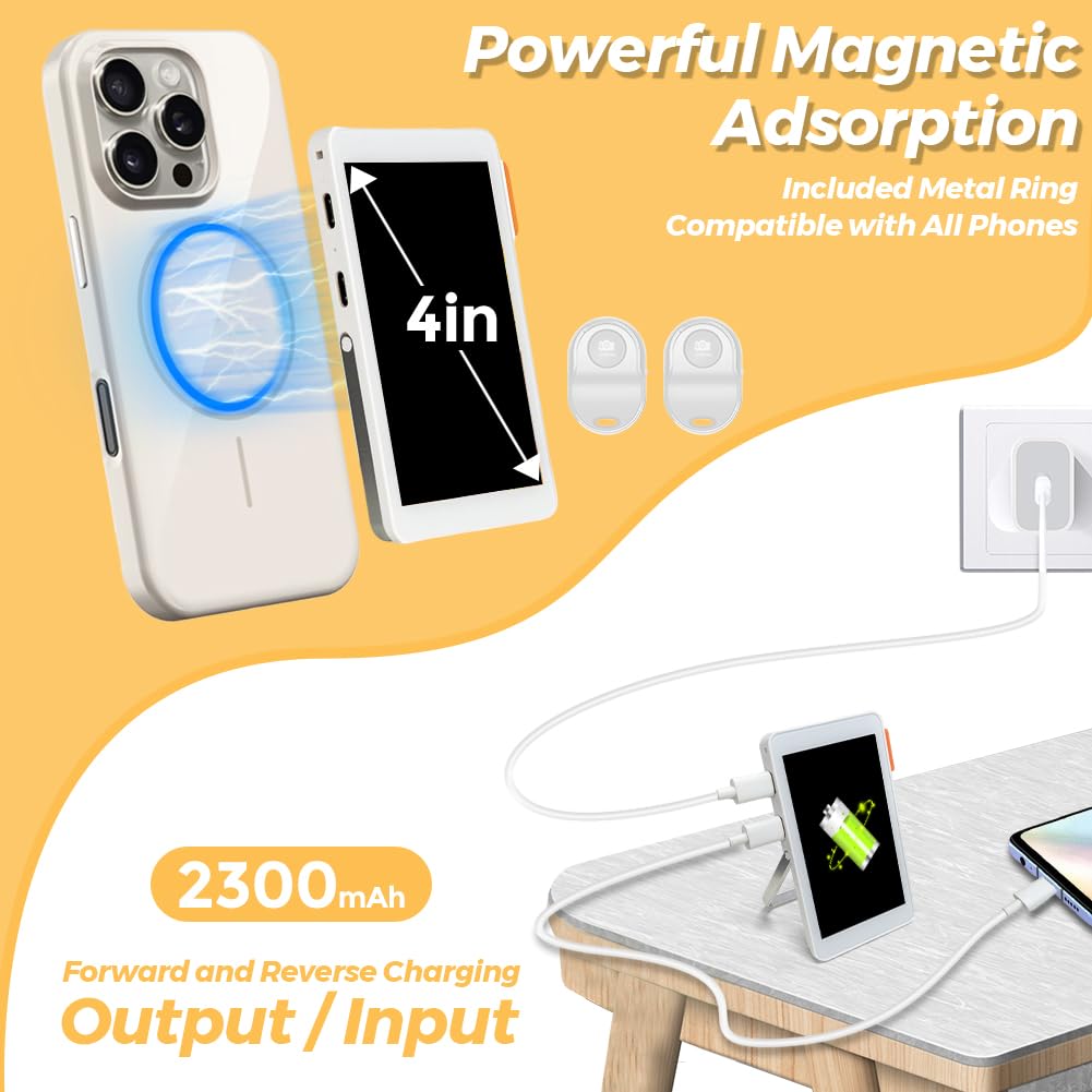 Joyzan Vlog Écran de Moniteur Selfie 3.97", 2300mAh Écran de Surveillance Magnétique Téléphone 4K 1080p Caméra Arrière Selfie sans Fil Haut-Parleur Intégré pour Live Streaming Vlog