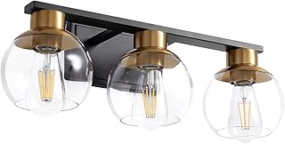 PAZALA 25 Inch Black Gold Vanity Light Modern Bathroom Wall Lighting Fixtures Bathroom Light with Clear Globe Glass ï¼ˆ3 Lights-Exclude Bulbï¼‰