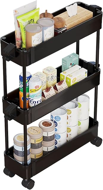 JIUYOTREE 3-Tier Slim Storage Trolley with Rolling Wheels, Standing Shelf Unit Organizer for Kitchen Bathroom Laundry Room and Narrow Places,Black