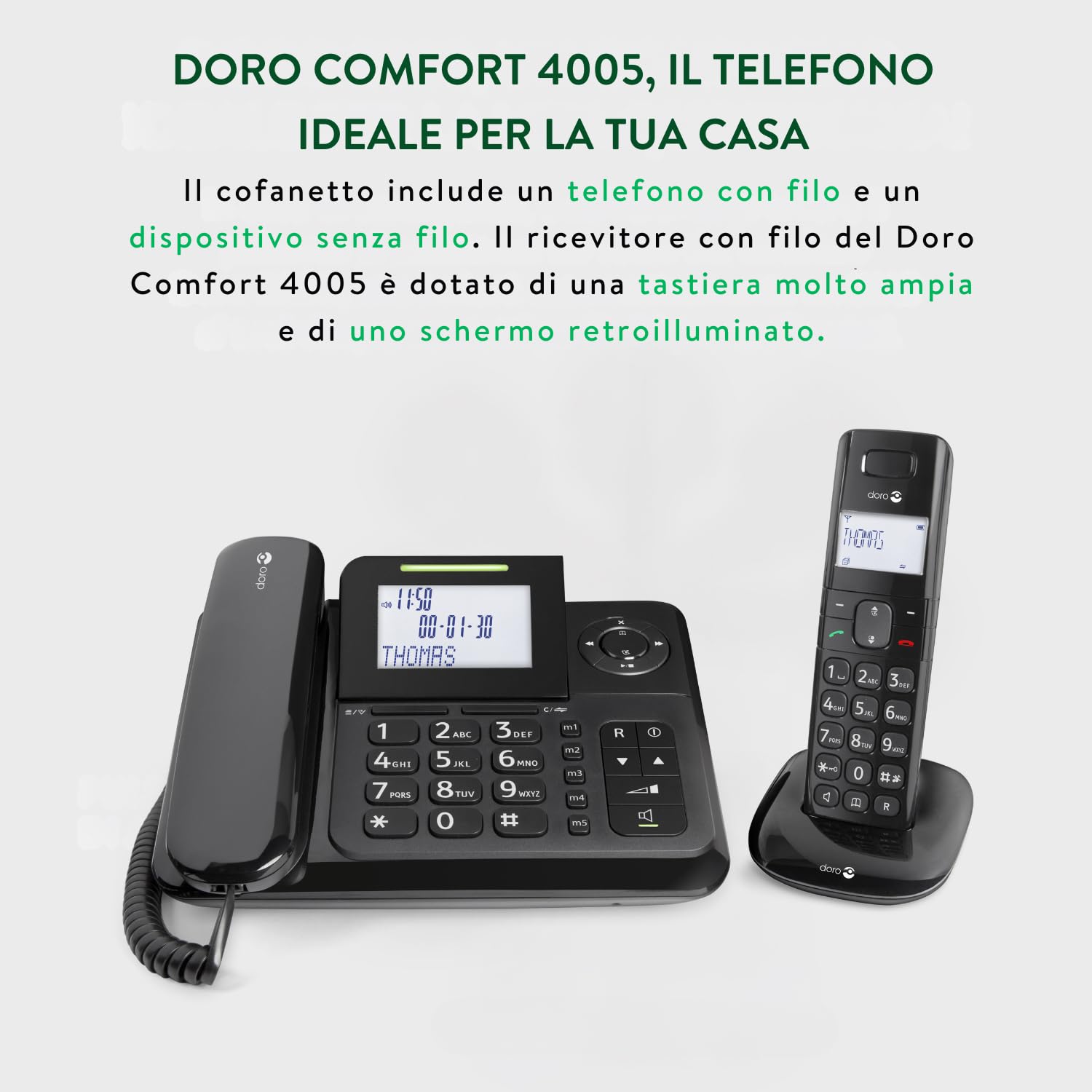 Doro Comfort 4005 Telefono Fisso Casa + Telefono Cordless DECT - Telefono Anziani - Segreteria Telefonica - Cordless Anziani - Chiamata Rapida - Identificazione Chiamante - Vivavoce (Nero)