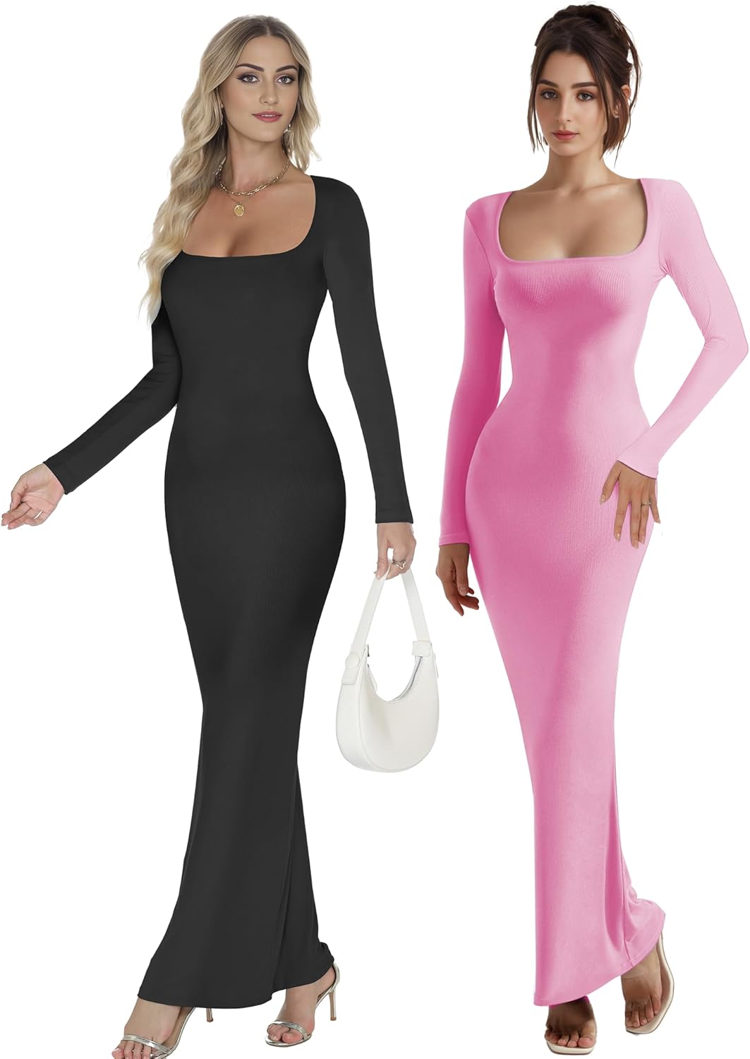 Buauty Women's Bodycon Maxi Dresses, Ribbed Square Neck Long Dress, Fall Long Sleeve Lounge Dress for Women - Image 5