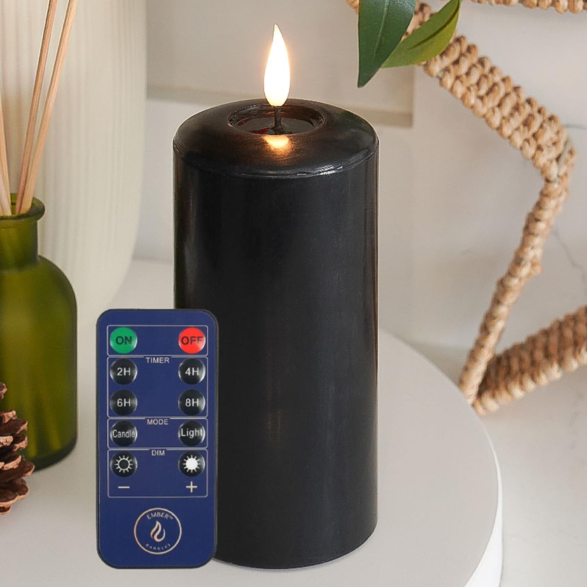 Ember Candles™ 15cm Signature Black, LED Flickering Battery Candle, with Remote & Timer, 100% Real Wax, Ultra-Realistic, Flameless, Hand-Poured Design Mood Lighting for Home, Parties, Events
