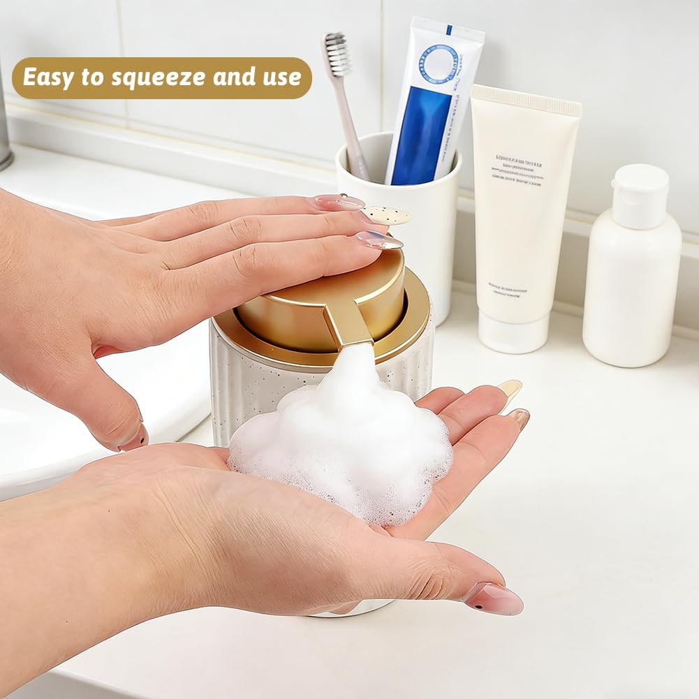 2 Pack Speckled Ceramic Foam Soap Dispenser, 12 oz Matte Pump Hand Foam Dispenser with 2 Cleaning Sponges, Refillable Pump, Foaming Dispenser for Bathroom, Kitchen (Speckled White)