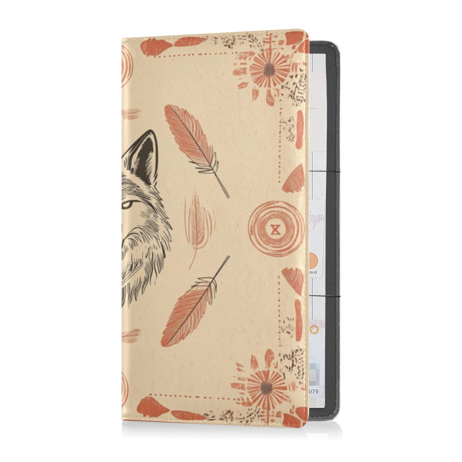 Leather Auto Registration Insurance & ID Card Holder Men Women Essential Wallet Case for Driver Auto Owners Trailer Motorcycle Boat Western Cowboy Feathers Tribal Wolf Small Western Town