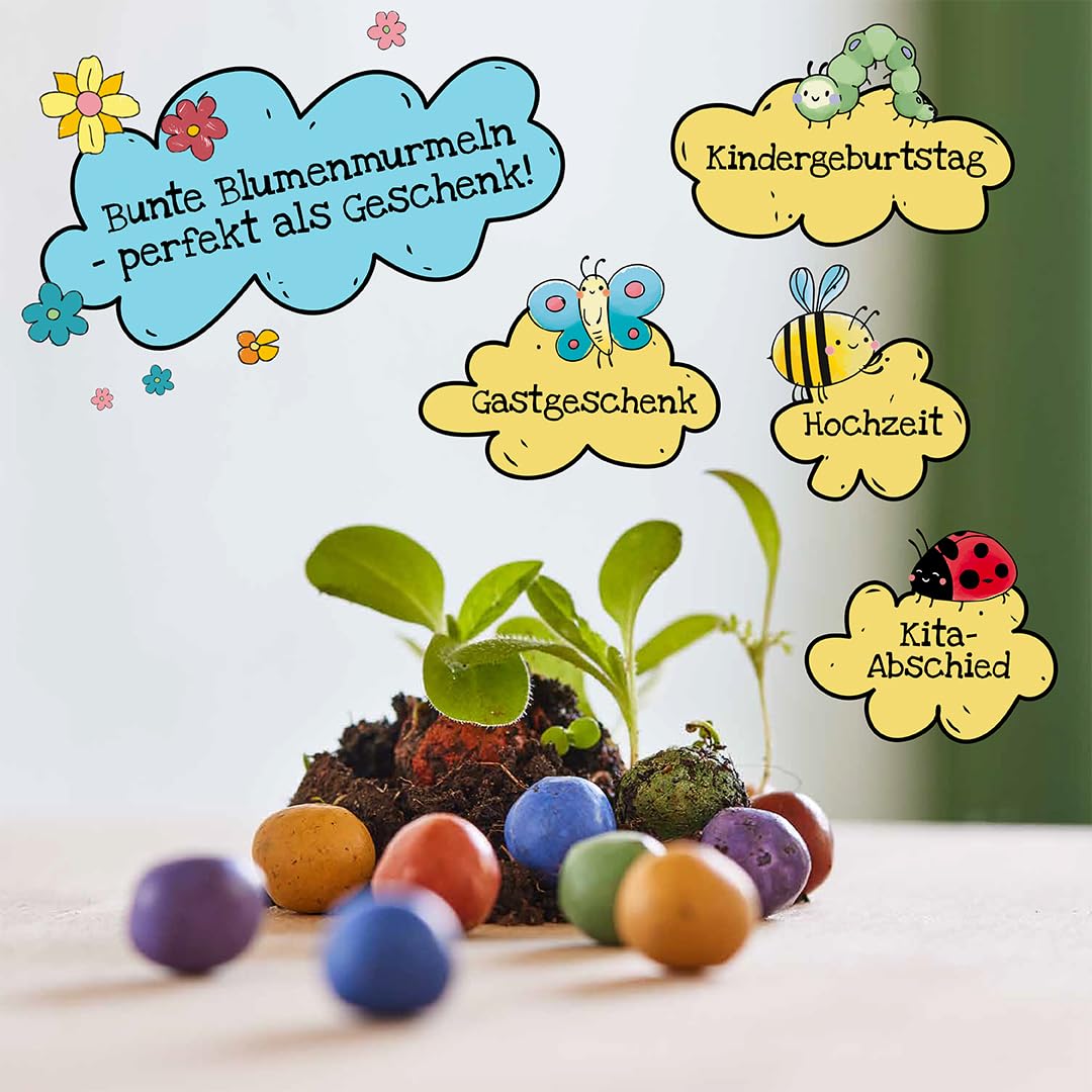 Lot de 100 billes de fleurs colorées « Mon aventure naturelle », bombes à graines roulées à la main, colorées, parfaites pour les anniversaires d'enfants, cadeau pour enfants, 100 % écologique et