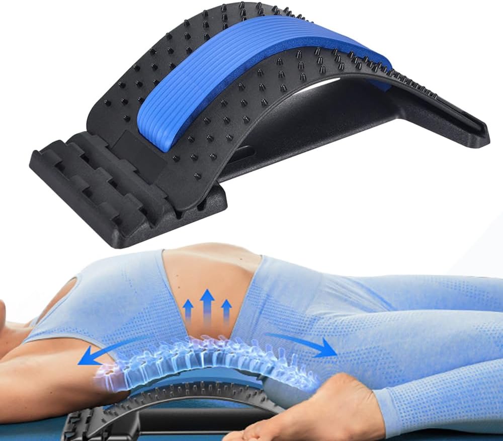 Back Stretcher for Lower Back Pain Relief, 4 Level Adjustable Lumbar Cracker Board Massager, Stretching Device for Scoliosis, Sciatica (Blue)