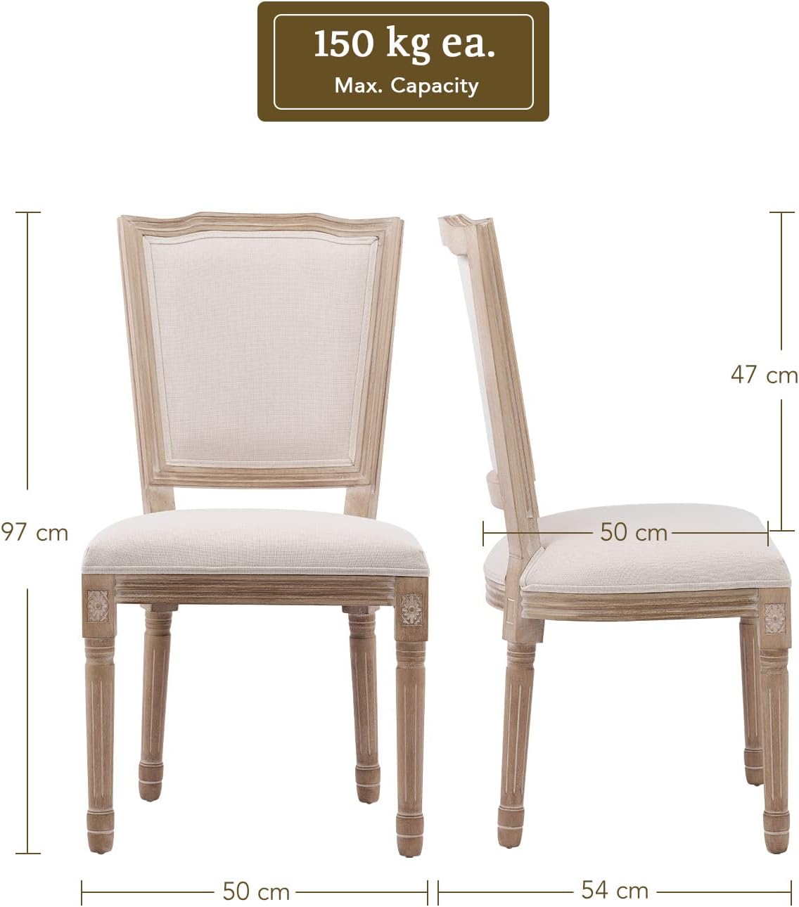 VONLUCE Vintage Farmhouse Dining Chairs – Set of 6 French Country Upholstered Memory Foam Dining Room Side Chair with Square Back Solid Wood Legs – Accent Side Chairs for Kitchen Living Room Bedroom 6pcs With Square Back