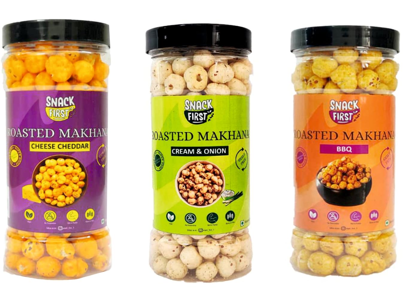 Snack First Roasted Makhana (Fox Nuts) cheese cheddar, cream n onion, barbeque (3x70g) jar Combo