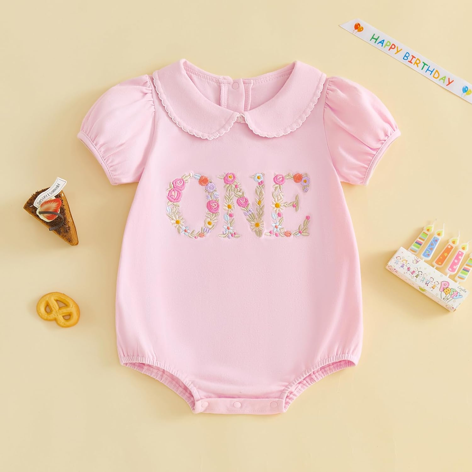 Amiblvowa Baby Girl First Birthday Outfit One Year Old 1st Doll Collar Flower Embroidery Short Sleeve Romper Summer Clothes - Image 6