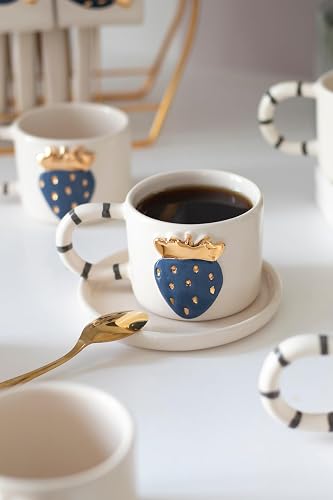 SODEF Handmade Ceramic Mug with Gold Strawberry Design and Saucer - 170ml Navy Blue Artisan Pottery - 24K Gold Accents - Dishwasher Safe (Hand Wash Recommended) - Navy Blue