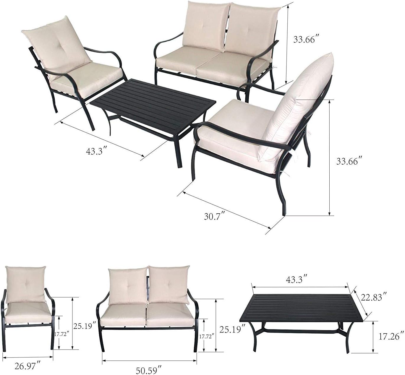 Homebeyond Patio 4-Piece Cushioned Metal Conversation Set Back Rest Pillow Back Yard Pool Seating with 2 Chairs and Coffee Table (Tan) - PSA4