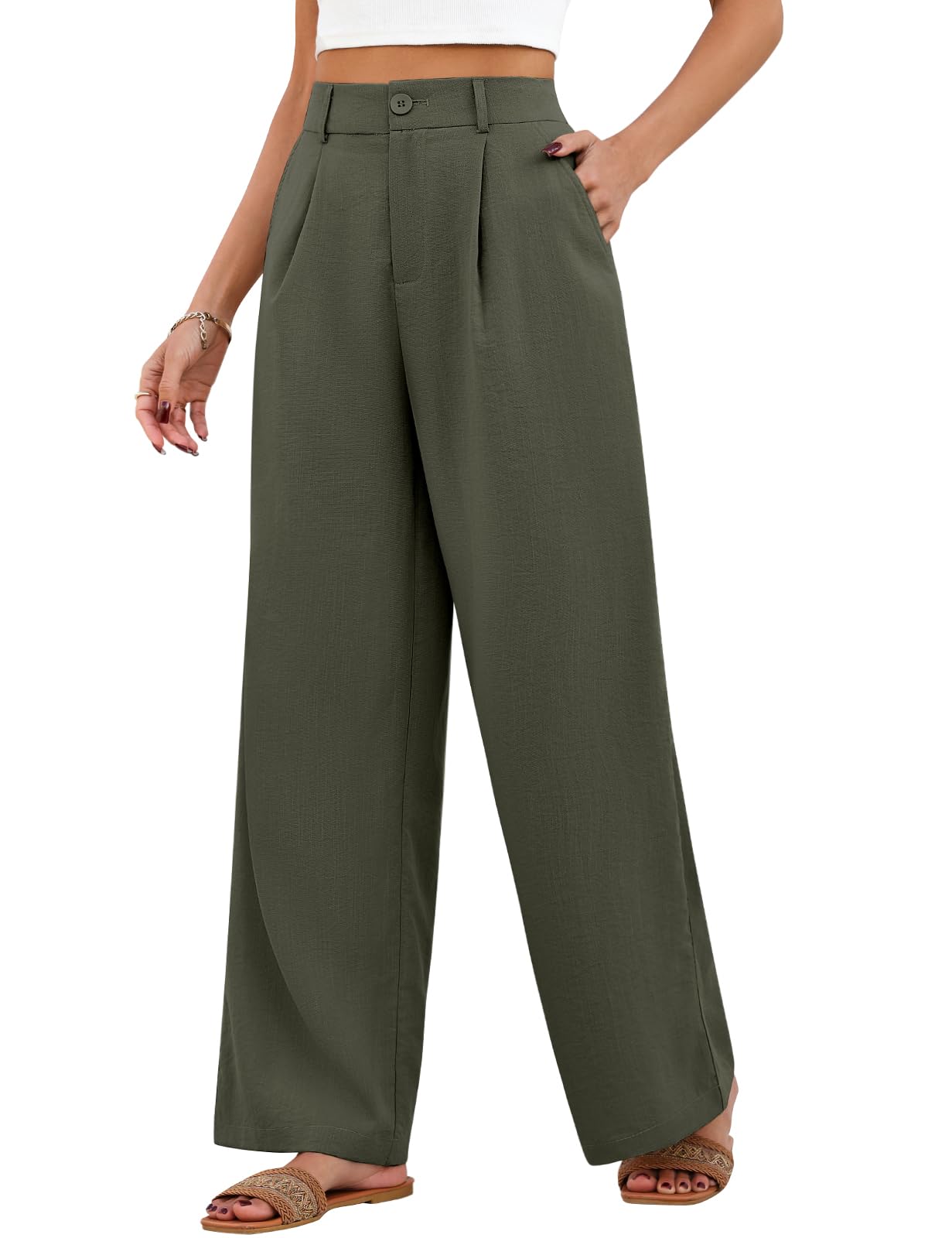 Pantalon Femme Été Fluide Pantalons Taille Haute Élastique Pantalon Jambes Larges Léger Ample Décontractée Palazzo Longueur Pants Chic et Elegant avec Poches
